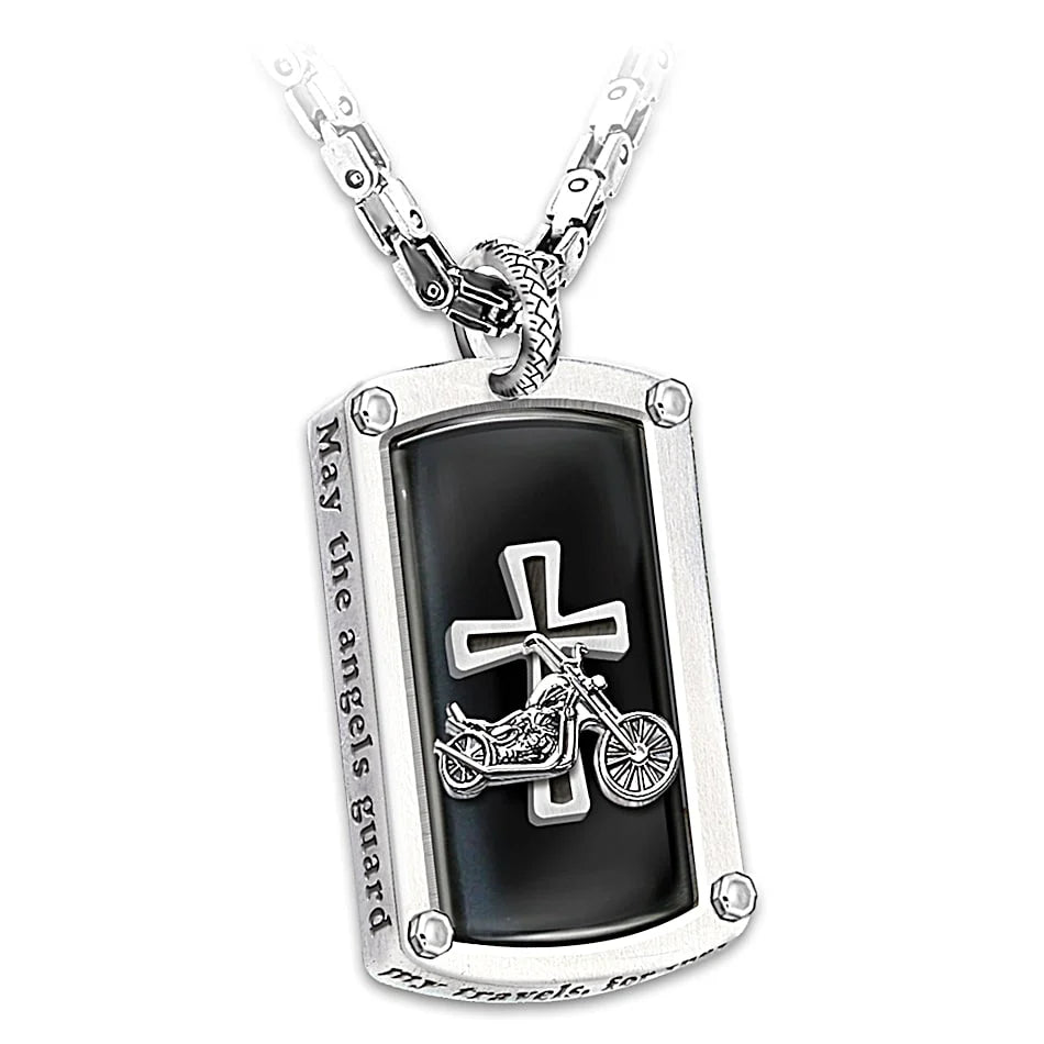 "Biker's Blessing" Engraved Dog Tag Pendant Necklace