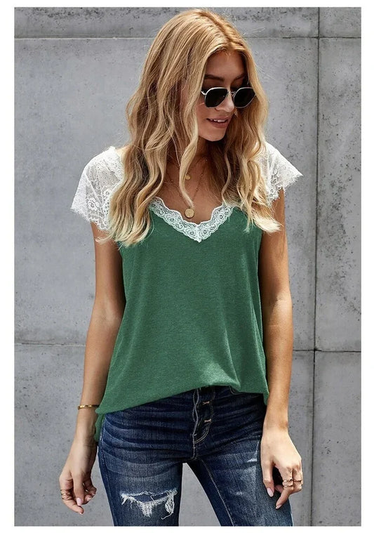 🔥🔥Women's V Neck Lace Vest Summer Casual Short-sleeved Top