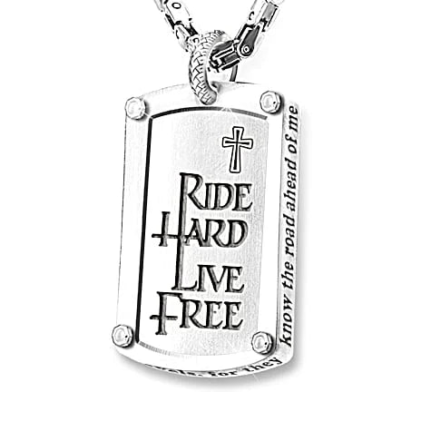 "Biker's Blessing" Engraved Dog Tag Pendant Necklace