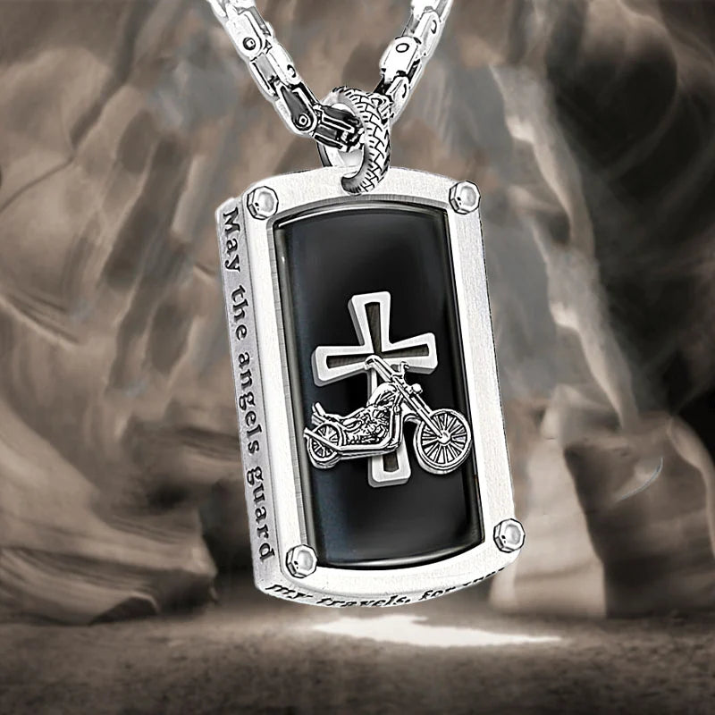 "Biker's Blessing" Engraved Dog Tag Pendant Necklace